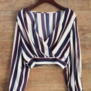 Striped Slit Sleeve Surplice Blouse
